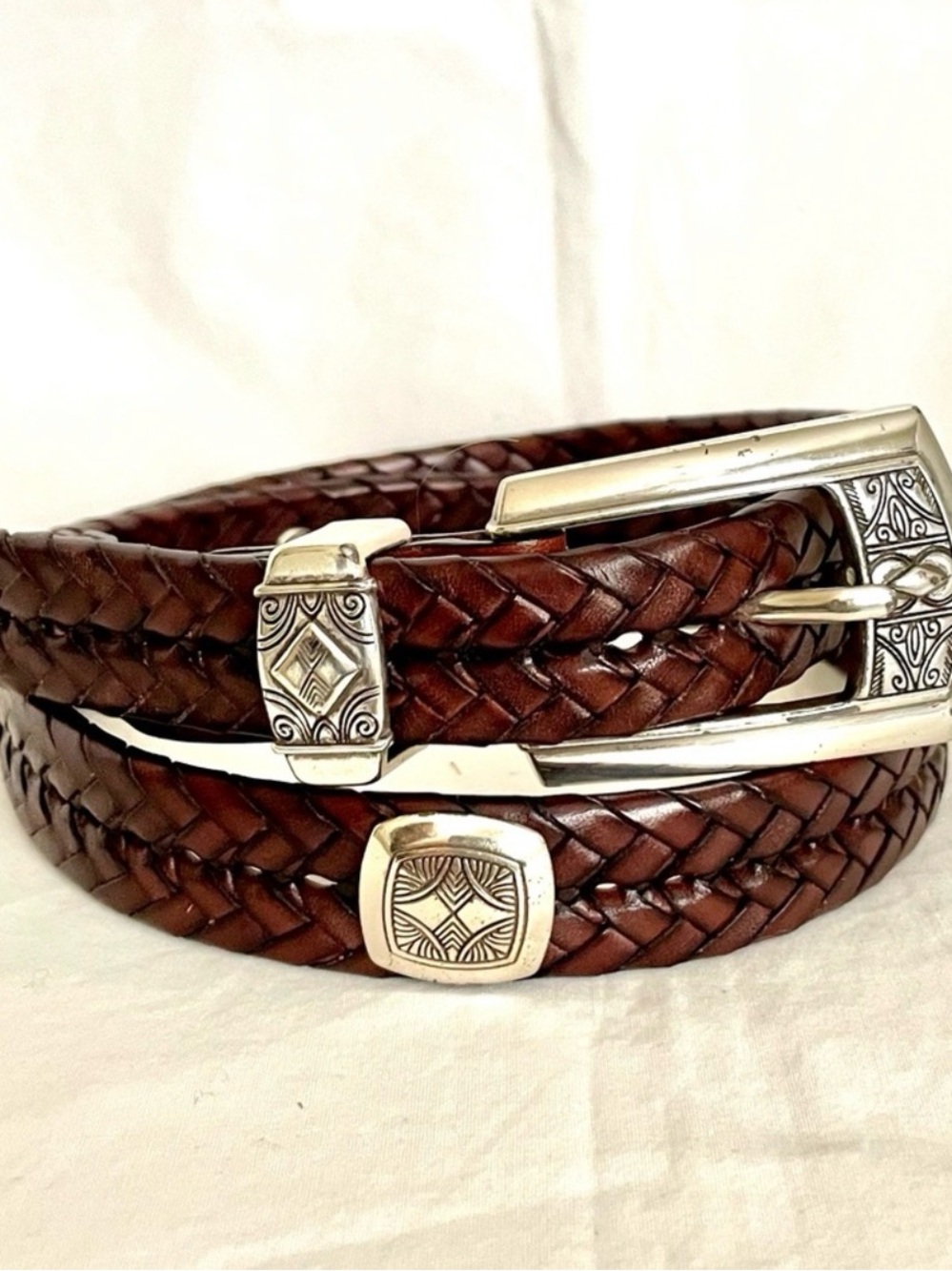 Brighton Braided Brown Leather Belt with Silver-Tone Decorative Buckle